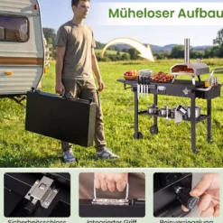 Grillwagen Outdoor Grilltisch auf Rollen mit Klappbarer Tischplatte Seitlicher Ablage