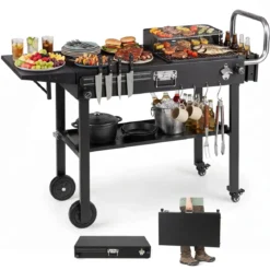 Grillwagen Outdoor Grilltisch auf Rollen mit Klappbarer Tischplatte Seitlicher Ablage