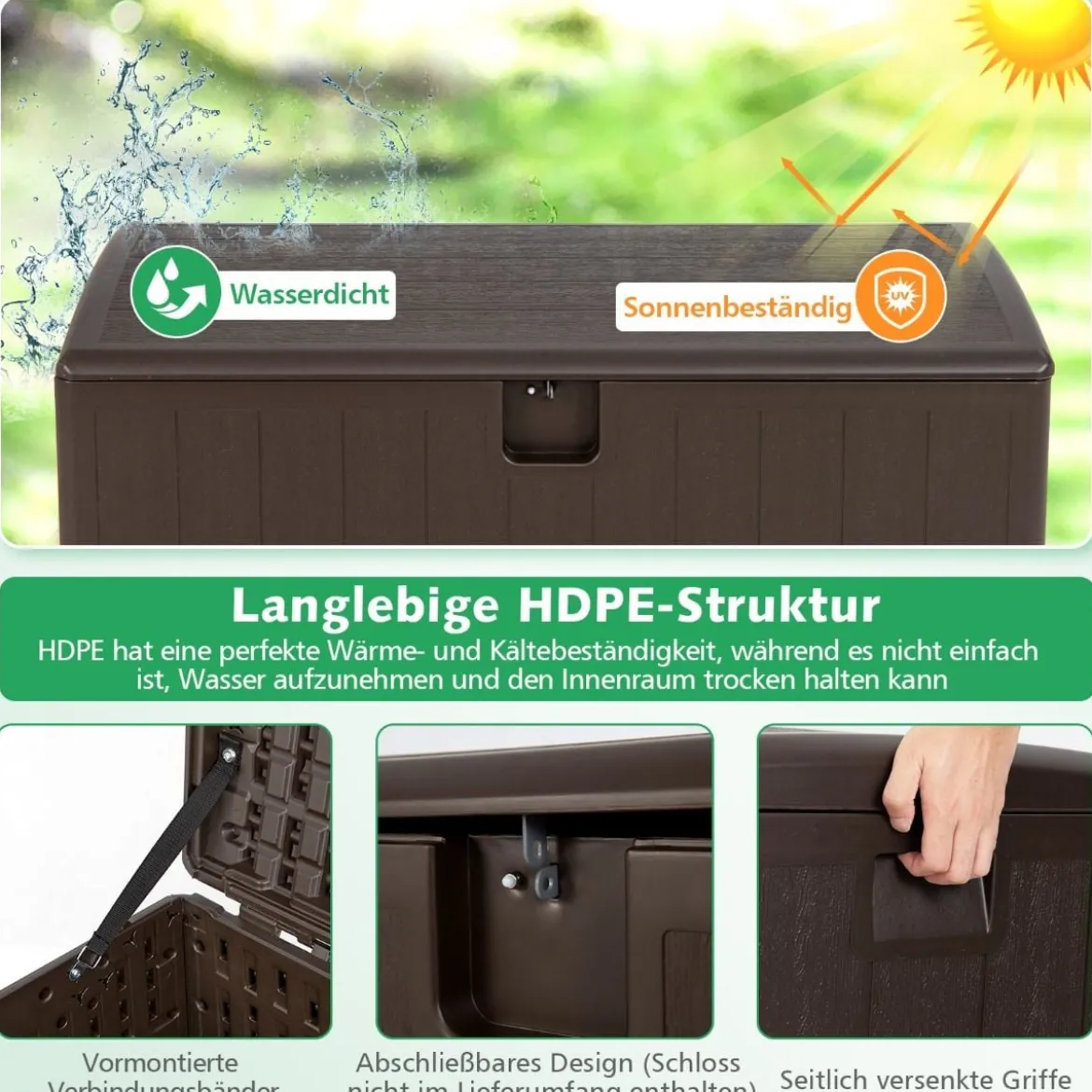 Große Aufbewahrungsbox mit 400 L Kapazität Sonnengeschützte Truhe 127,5 x 64 x 64 cm Braun