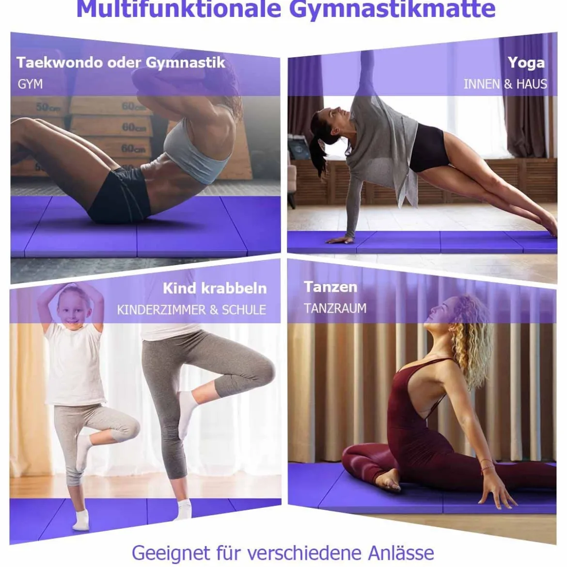 Große faltbare Gymnastikmatten mit Klettverschlüssen und praktischem Griff dicke Yogamatte aus Kunstleder Lila
