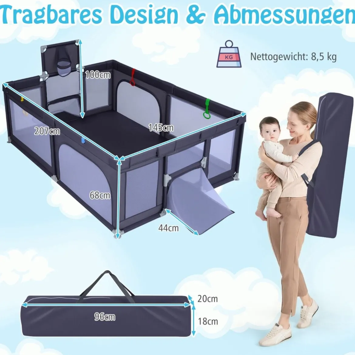 Großer Baby-Laufstall sicherer Spielbereich mit Basketballkorb & Fußballnetzen Greifringen Dunkelgrau