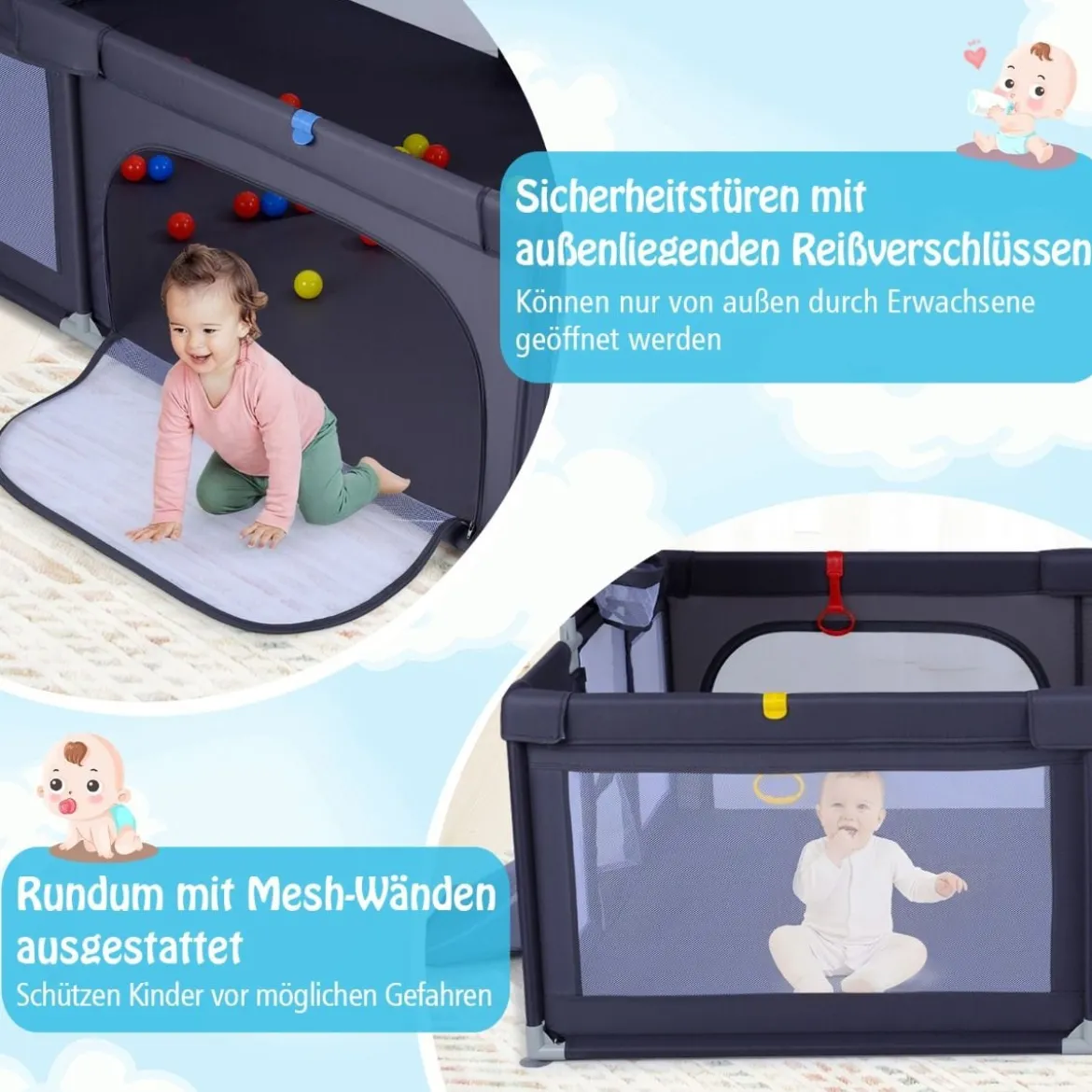 Großer Baby-Laufstall sicherer Spielbereich mit Basketballkorb & Fußballnetzen Greifringen Dunkelgrau