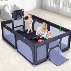 Großer Baby-Laufstall sicherer Spielbereich mit Basketballkorb & Fußballnetzen Greifringen Dunkelgrau