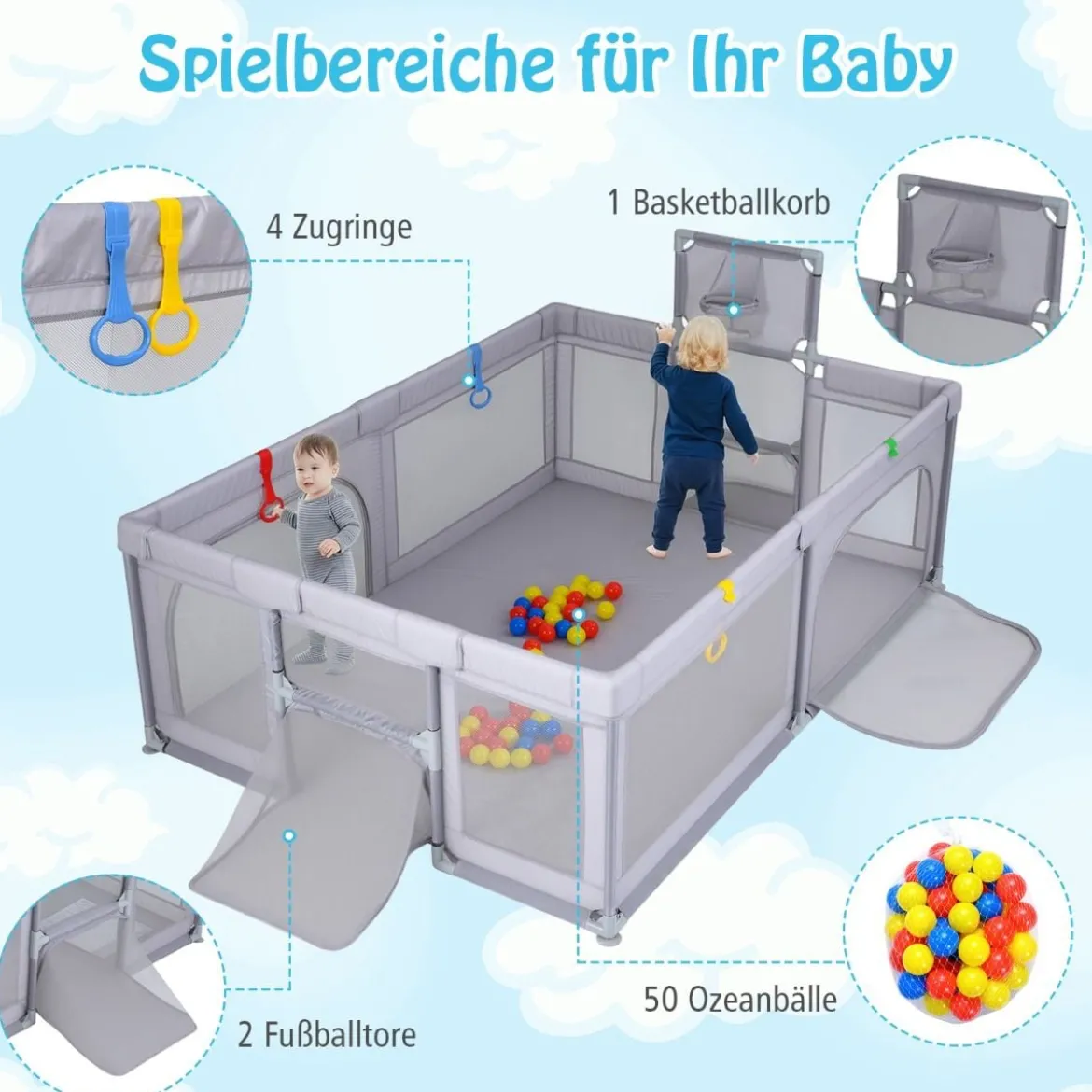Großer Baby-Laufstall sicherer Spielbereich mit Basketballkorb & Fußballnetzen Greifringen Hellgrau