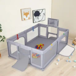 Großer Baby-Laufstall sicherer Spielbereich mit Basketballkorb & Fußballnetzen Greifringen Hellgrau