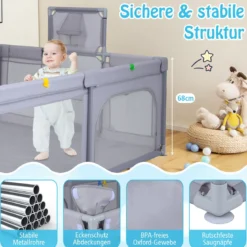 Großer Baby-Laufstall sicherer Spielbereich mit Basketballkorb & Fußballnetzen Greifringen Hellgrau