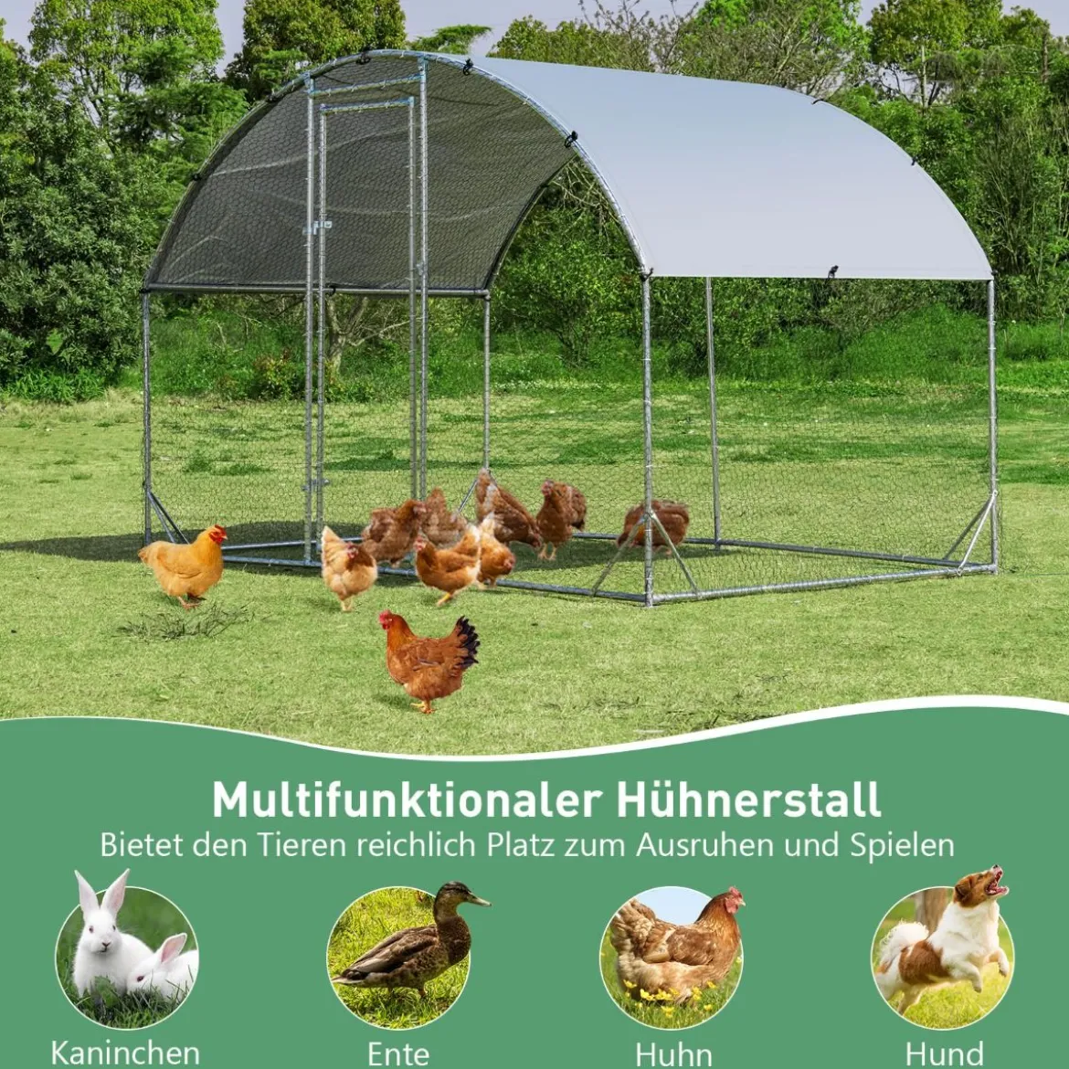 Großer Hühnerstall aus verzinktem Metall mit wasserdichter Abdeckung für draußen 190 x 280 cm