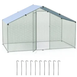 Großer Hühnerstall Freilaufgehege begehbarer Geflügelstall mit Überdachung abschließbarer Tür 300 cm x 170 cm x 190 cm Silber