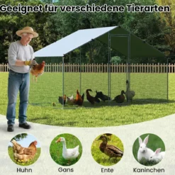 Großer Hühnerstall Freilaufgehege begehbarer Geflügelstall mit Überdachung abschließbarer Tür 300 cm x 170 cm x 190 cm Silber