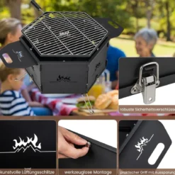 großer Holzkohlegrill mit 360° drehbarem Grill 2 in 1 Feuerschale 77 x 74 x 38 cm