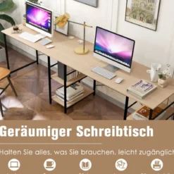 Großer L-förmiger Computertisch mit 4 Ablagefächern für 2 Personen mit CPU-Ständer Natur