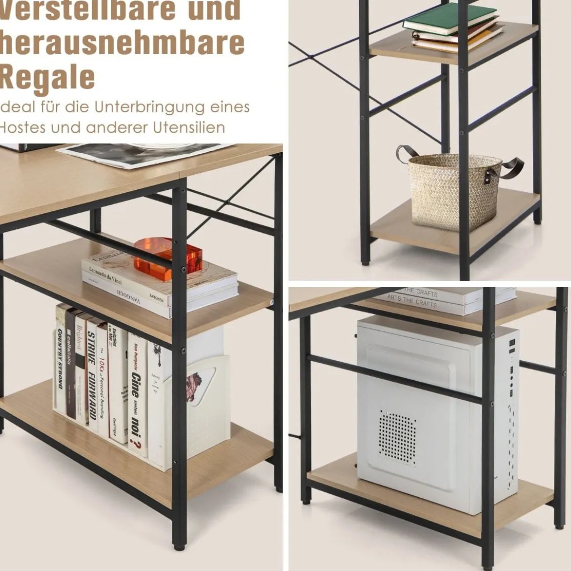 Großer L-förmiger Computertisch mit 4 Ablagefächern für 2 Personen mit CPU-Ständer Natur