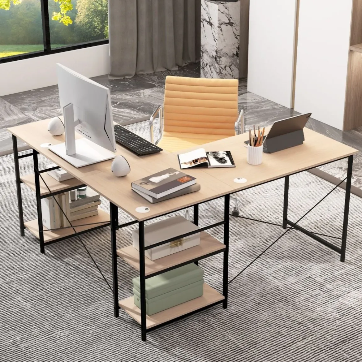 Großer L-förmiger Computertisch mit 4 Ablagefächern für 2 Personen mit CPU-Ständer Natur