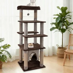 Großer mehrstufiger Kratzbaum 148 cm hoher Katzenturm mit schwingendem Luft-Kondo Plüsch-Liegebett Braun