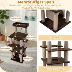 Großer mehrstufiger Kratzbaum 148 cm hoher Katzenturm mit schwingendem Luft-Kondo Plüsch-Liegebett Braun