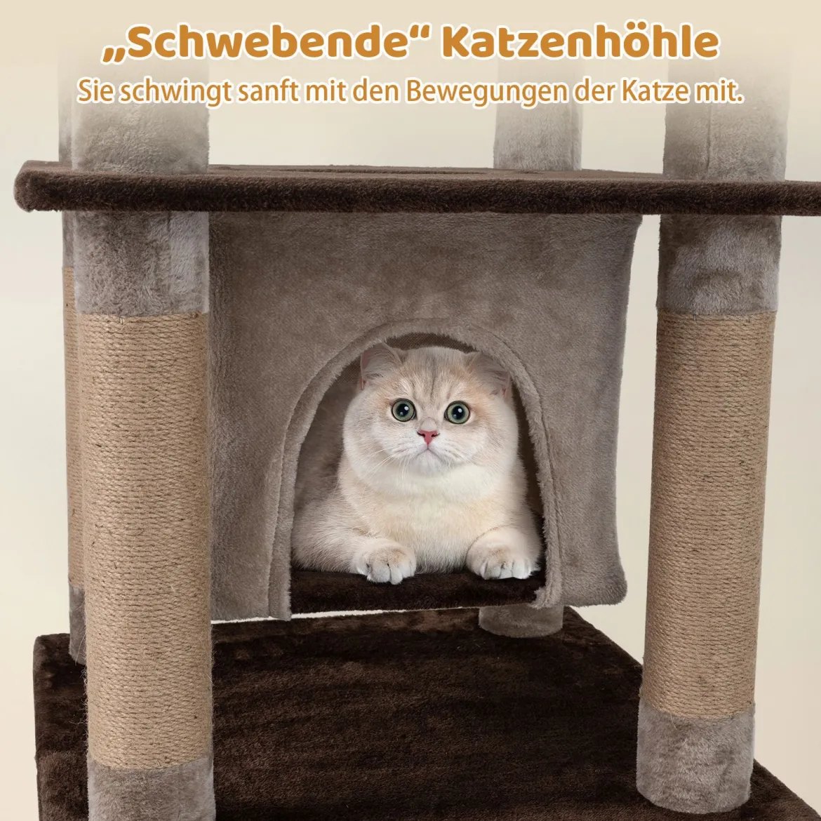 Großer mehrstufiger Kratzbaum 148 cm hoher Katzenturm mit schwingendem Luft-Kondo Plüsch-Liegebett Braun
