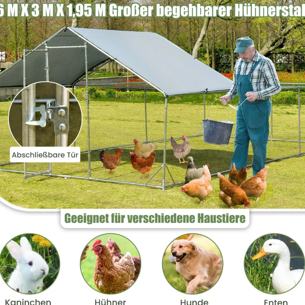 Großer Metall-Hühnerstall mit wasserdichter und sonnenfester Abdeckung verzinktem Outdoor-Haustiergehege Silber