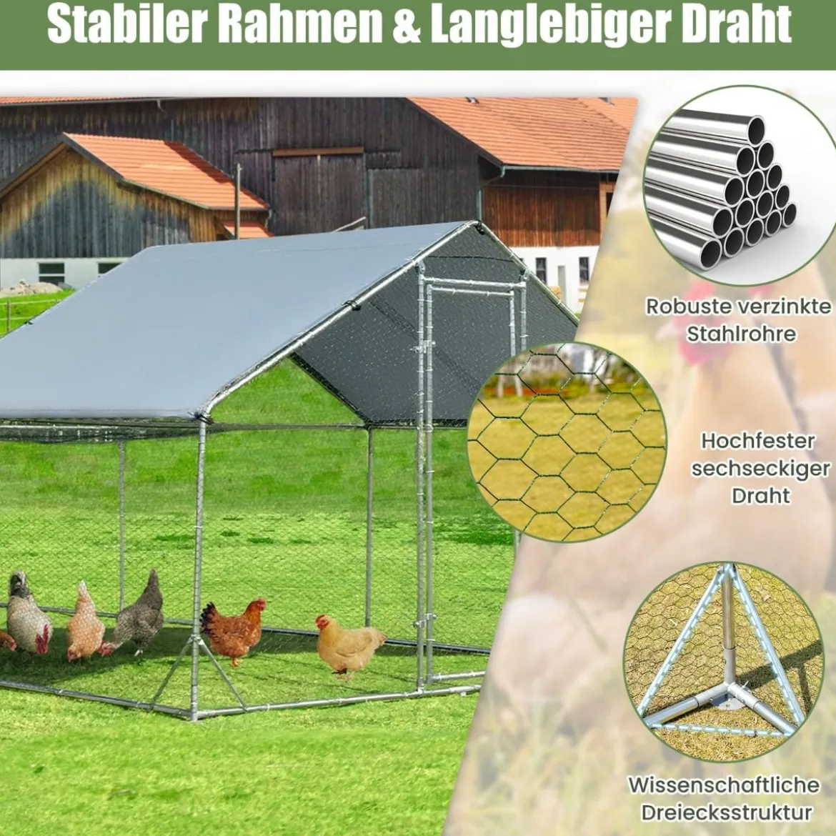 Großer Metall-Hühnerstall mit wasserdichter und sonnenfester Abdeckung verzinktem Outdoor-Haustiergehege Silber
