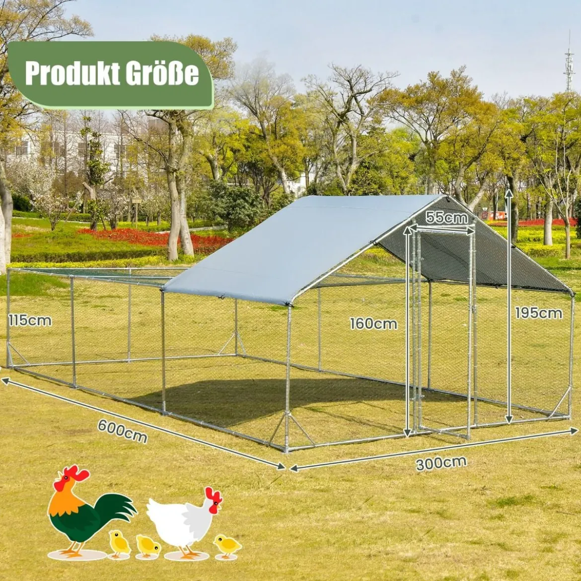 Großer Metall-Hühnerstall mit wasserdichter und sonnenfester Abdeckung verzinktem Outdoor-Haustiergehege Silber
