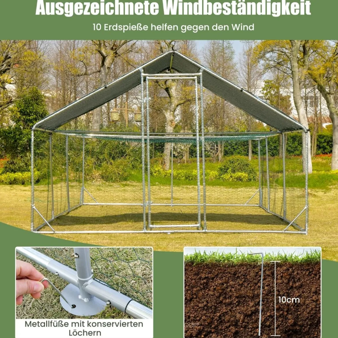 Großer Metall-Hühnerstall mit wasserdichter und sonnenfester Abdeckung verzinktem Outdoor-Haustiergehege Silber
