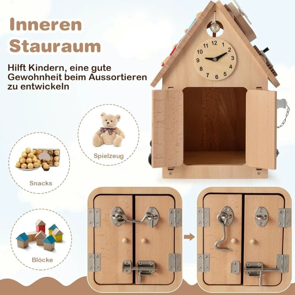 Großer Motorikspielzeug für Kinder ab 3 Jahre Kinderspielhaus aus Holz mit 23 Zubehörteilen & Stauraum