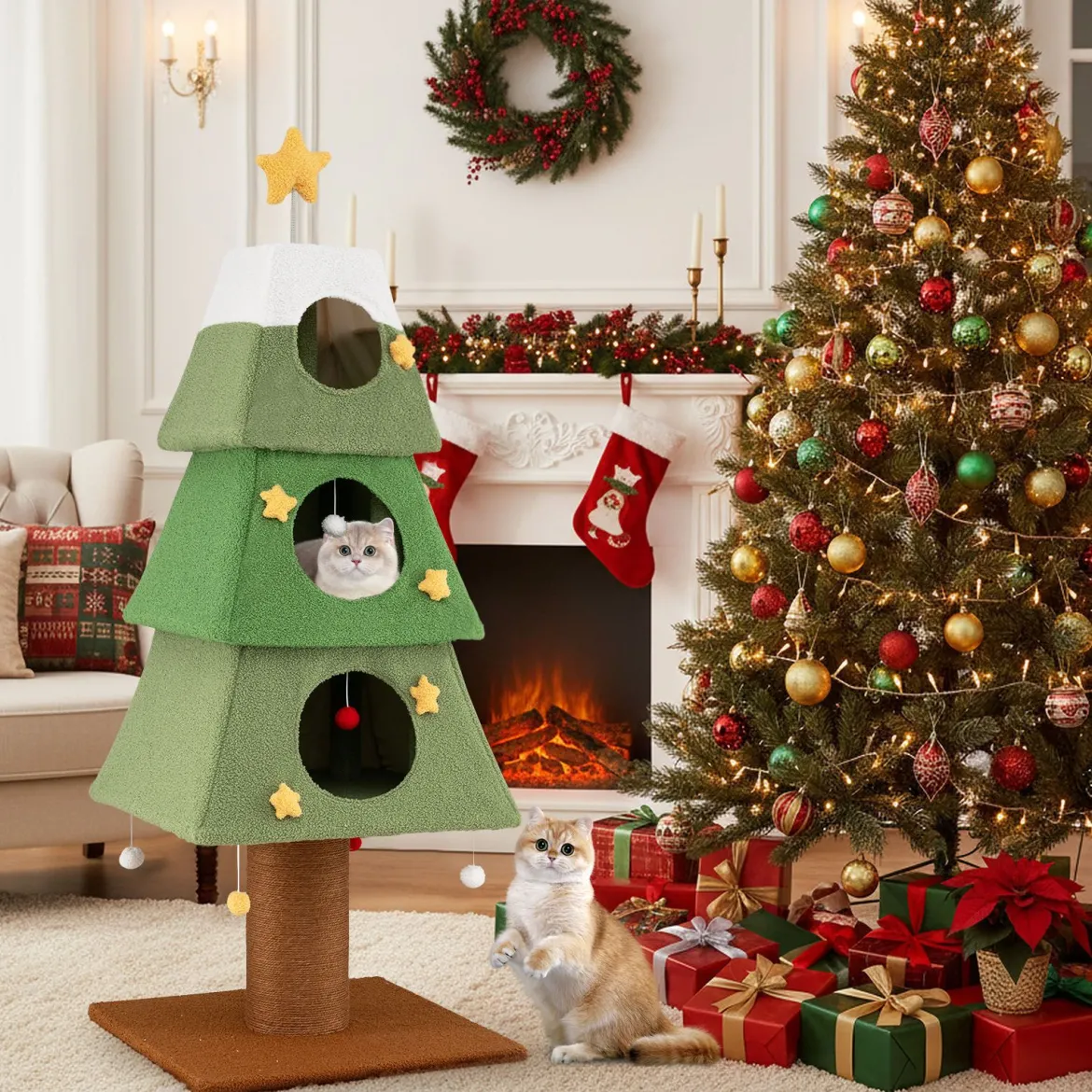Großer Weihnachtlicher Kratzbaum für Wohnungskatzen 162 cm Niedlicher Katzenturm Grün