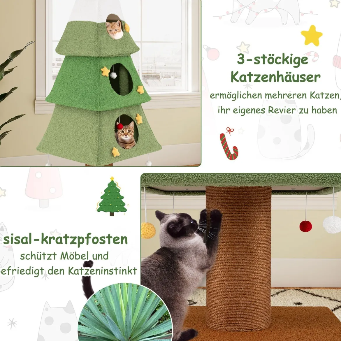 Großer Weihnachtlicher Kratzbaum für Wohnungskatzen 162 cm Niedlicher Katzenturm Grün