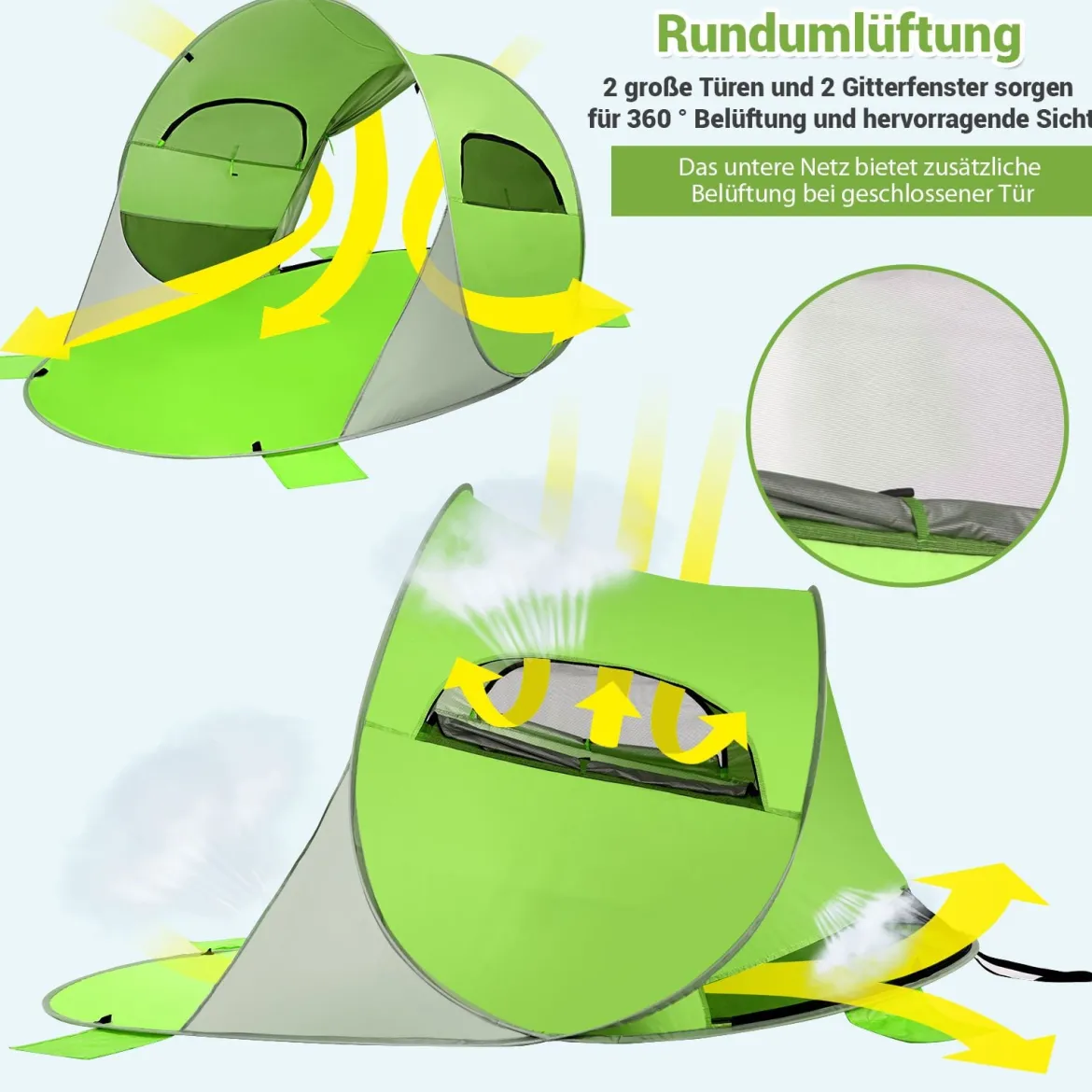 Großes Pop Up Strandzelt faltbarer Strandmuschel 3-4 Personen Strandzelt Sonnenschutz Wurfzelt Grün