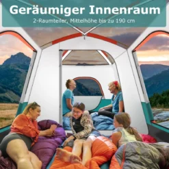 Groß Zelt mit Vorzelt & Boden & 2 Räumen & 2 Eingänge & Tragetasche Campingzelt Familienzelt