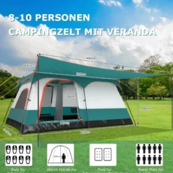Groß Zelt mit Vorzelt & Boden & 2 Räumen & 2 Eingänge & Tragetasche Campingzelt Familienzelt