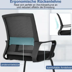 Gästestuhl mit Lendenwirbelstütze & Kufengestell & Gepolstertem Sitz Konferenzstuhl Schwarz