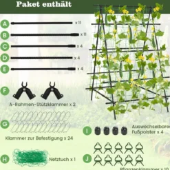 Gurken-Trellis mit Netz für Kletterpflanzen & Kunststoffbeschichteten Metallstangen & Clips Pflanzenstütz