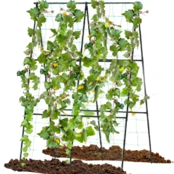 Gurke Rankhilfe Set A-förmig einstellbare Breite Rankgitter mit Netz 88 x 124 x 30-60 cm Schwarz