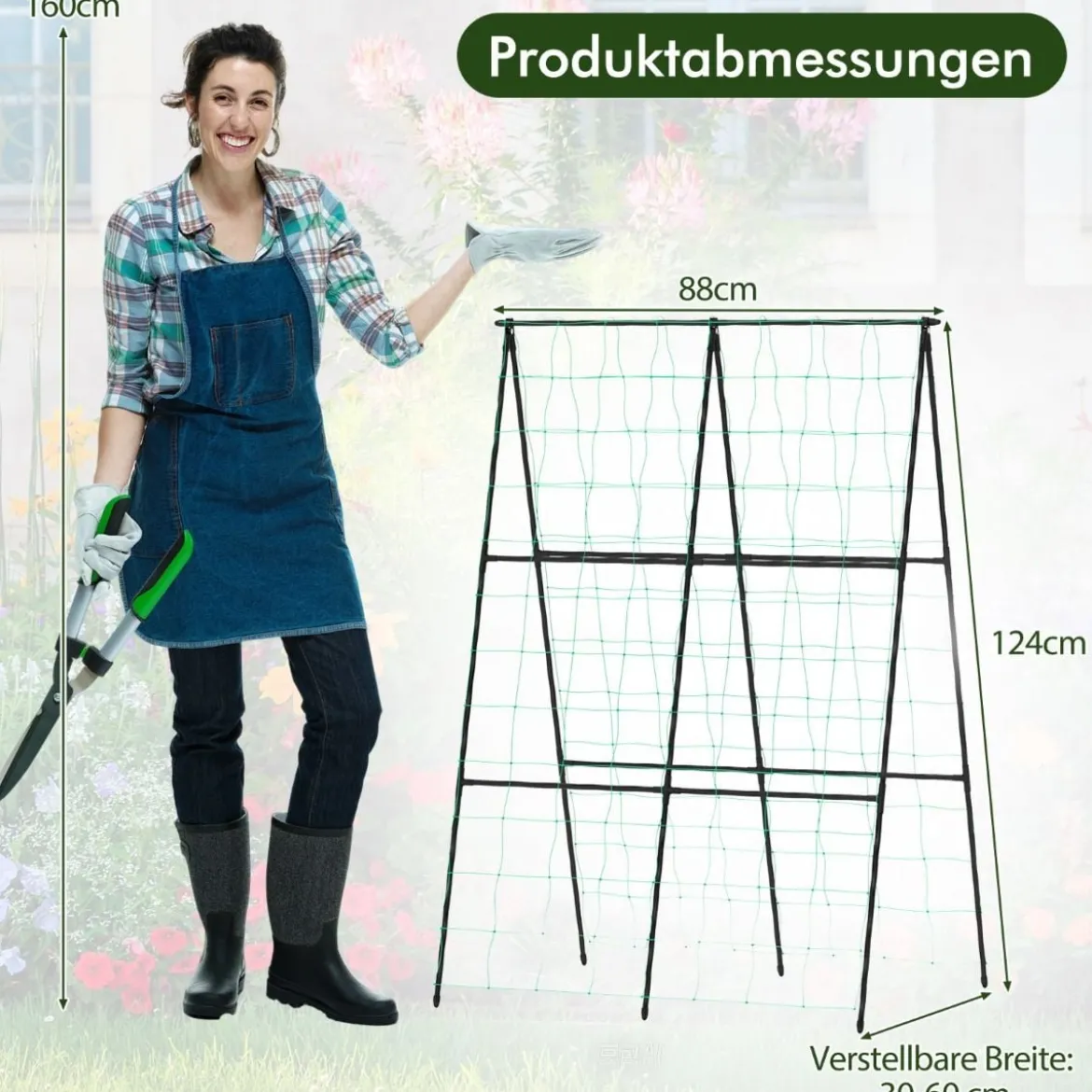 Gurke Rankhilfe Set A-förmig einstellbare Breite Rankgitter mit Netz 88 x 124 x 30-60 cm Schwarz