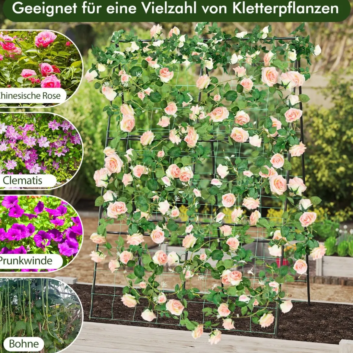 Gurke Rankhilfe Set A-förmig einstellbare Breite Rankgitter mit Netz 88 x 124 x 30-60 cm Schwarz