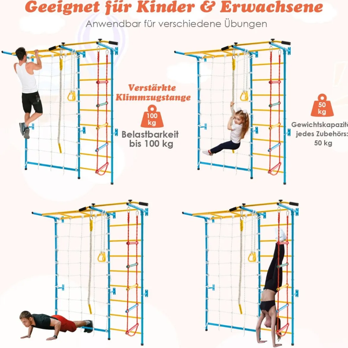 Gymnastikgerät 7 in 1 Kinder Kletterwand mit Netz 197,5 x 83,5 x 223 cm