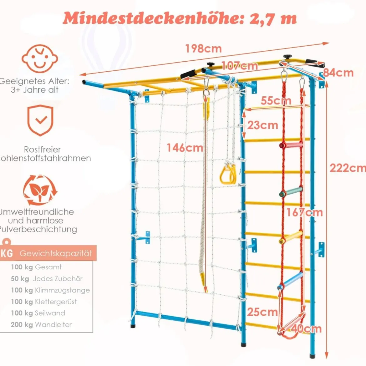 Gymnastikgerät 7 in 1 Kinder Kletterwand mit Netz 197,5 x 83,5 x 223 cm