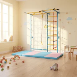 Gymnastikgerät 7 in 1 Kinder Kletterwand mit Gymnastikmatte Blau