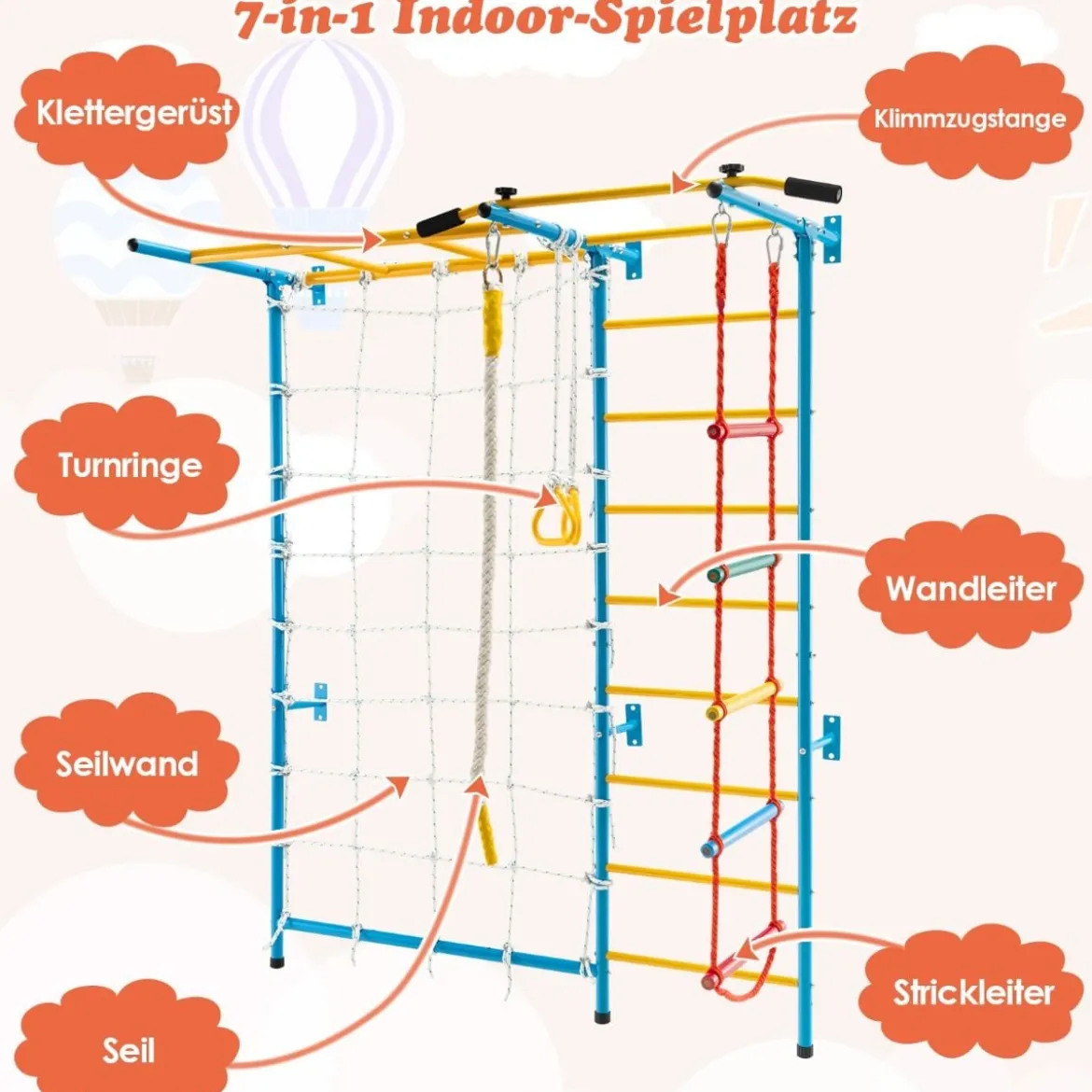 Gymnastikgerät 7 in 1 Kinder Kletterwand mit Gymnastikmatte Blau