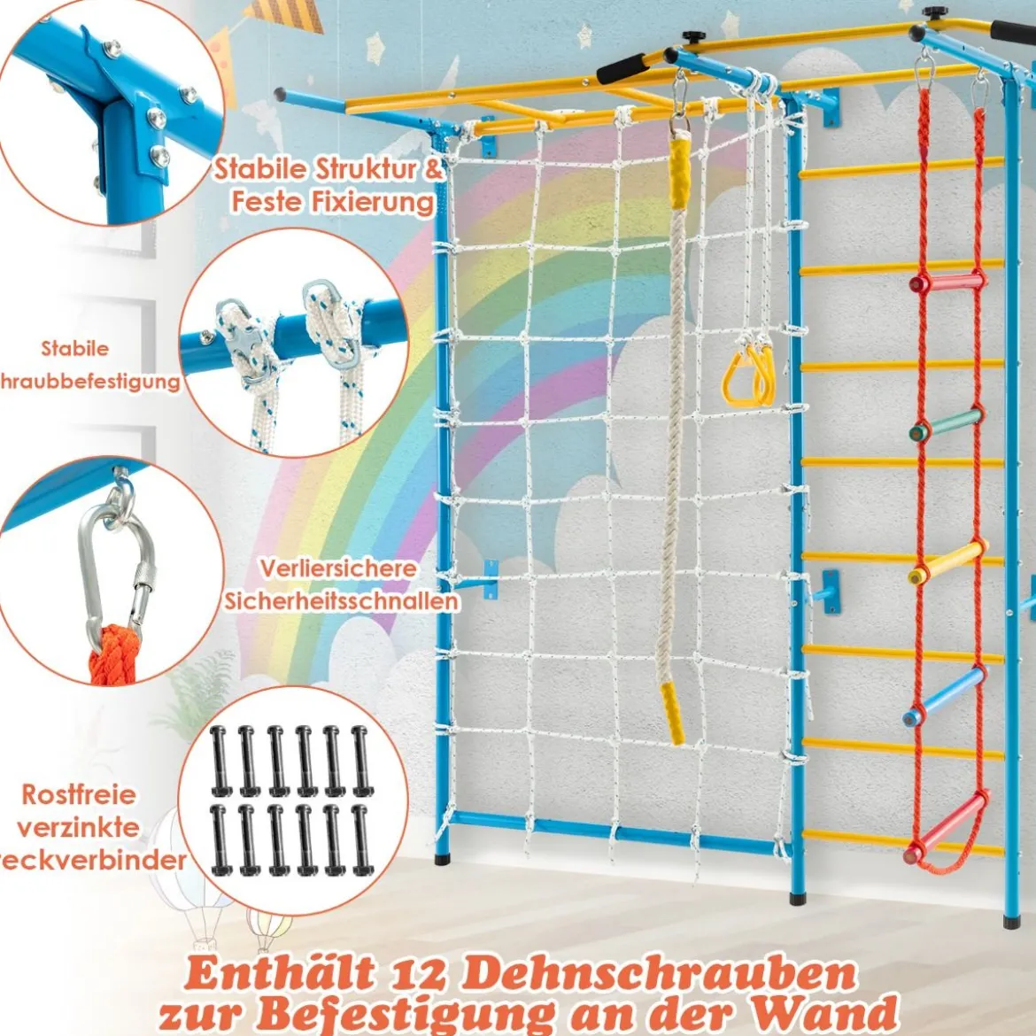 Gymnastikgerät 7 in 1 Kinder Kletterwand mit Gymnastikmatte Blau