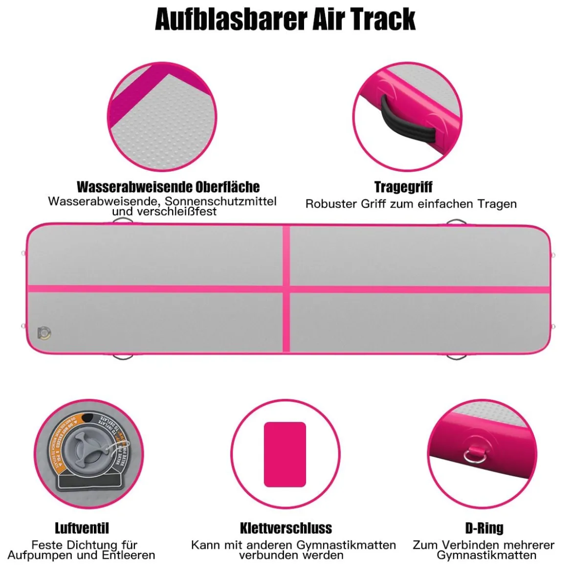 Gymnastikmatte Aufblasbar Tumbling Matte Trainingsmatte Blau/Rosa/Schwarz 400 x 100 x 10 cm