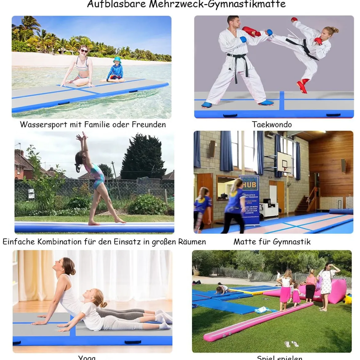 Gymnastikmatte Aufblasbar Tumbling Matte Trainingsmatte Blau/Rosa/Schwarz 400 x 100 x 10 cm
