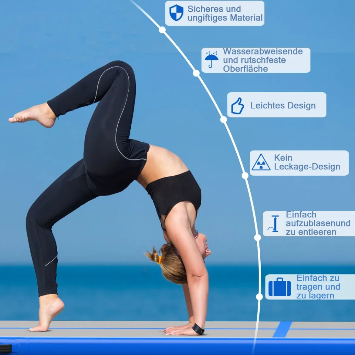 Gymnastikmatte Aufblasbar Tumbling Matte Trainingsmatte Blau/Rosa/Schwarz 400 x 100 x 10 cm
