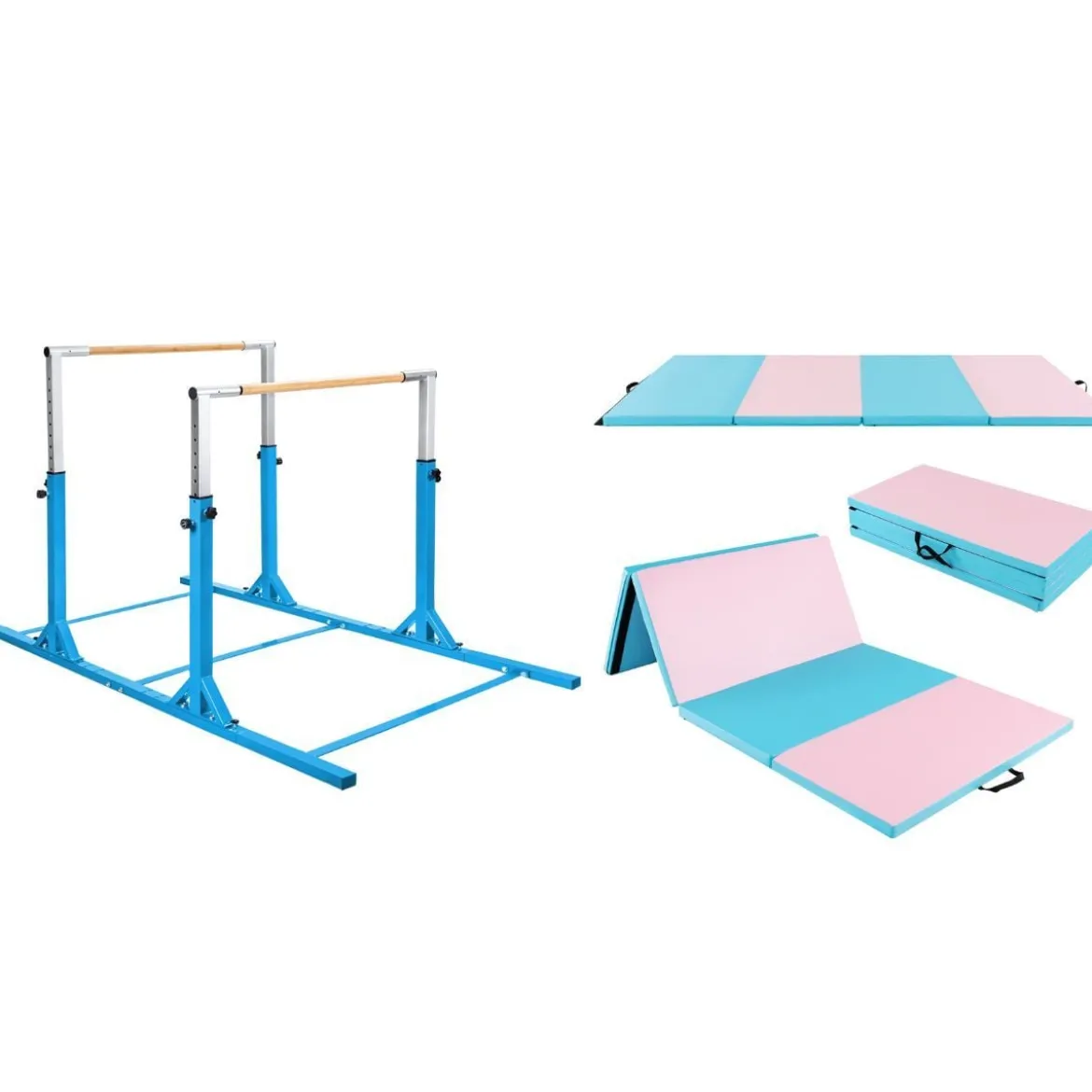 Gymnastikstangen + Gymnastikmatte Set Reckstange Weichbodenmatte Turnbarren Blau