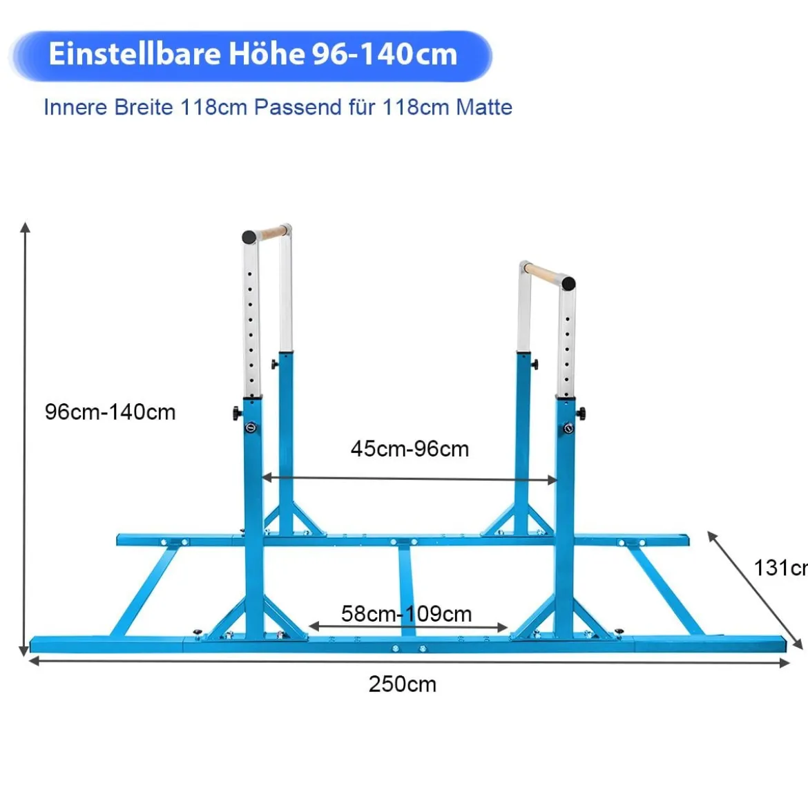 Gymnastikstangen Reckstange Turnbarren mit einstellbarer Breite 250 x 132 x 140 cm Blau