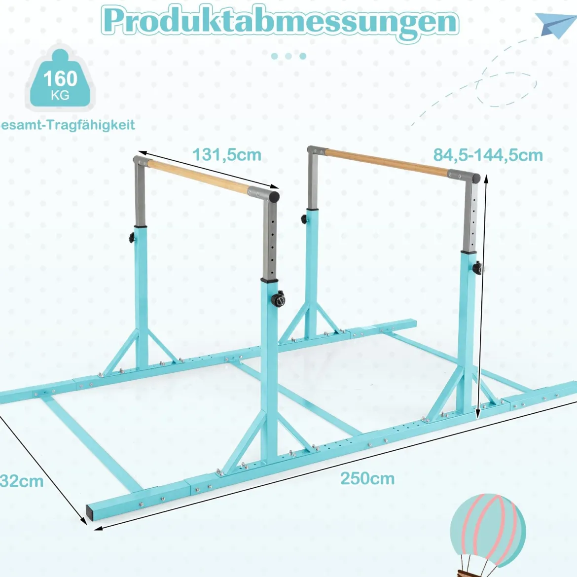 Gymnastik Turnreck bis 100kg Belastbar Höhenverstellbar & Breiteverstellbar Reckstange Türkis