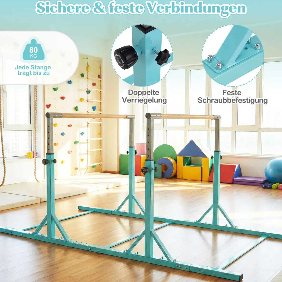 Gymnastik Turnreck bis 100kg Belastbar Höhenverstellbar & Breiteverstellbar Reckstange Türkis