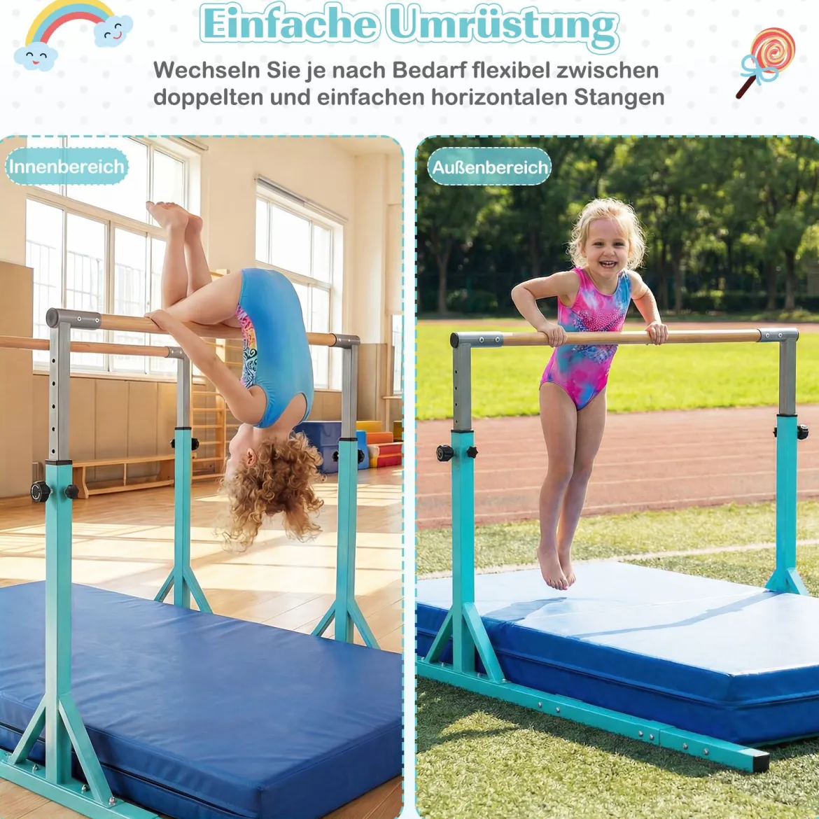 Gymnastik Turnreck bis 100kg Belastbar Höhenverstellbar & Breiteverstellbar Reckstange Türkis