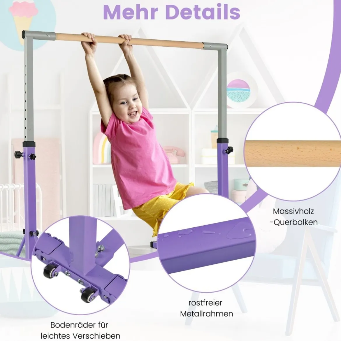 Gymnastik Turnreck Turnreck höhenverstellbar Turnstangen bis 100kg belastbar für den Innenbereich Rosa/Blau/Grün/Violett