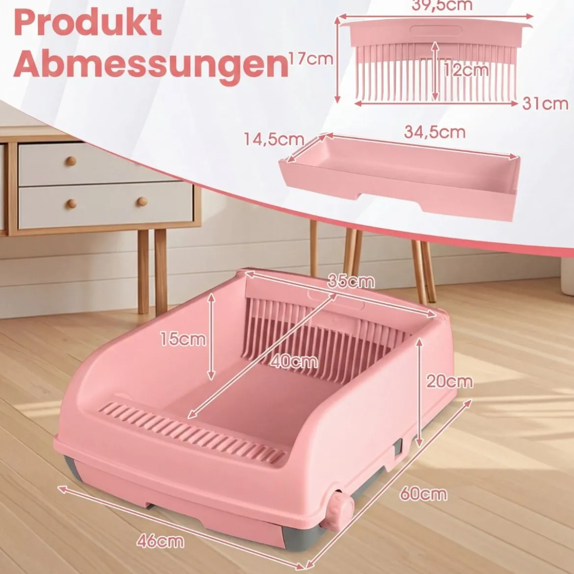 Halbautomatische Katzenstreu-Box mit offenem Deckel spritzgeschützte Katzentoilette Rosa